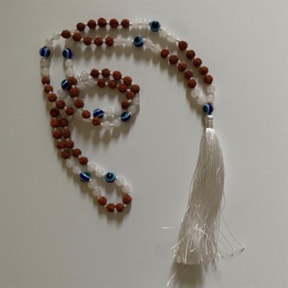 Turkish Eye Rudraksha Mala - White Moon Stone