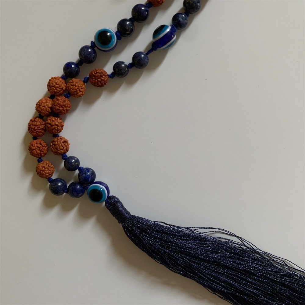 Turkish Eye Rudraksha Mala - Lapis Lazuli