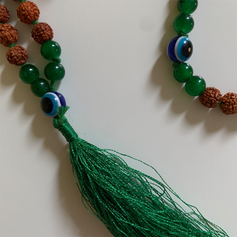 Turkish Eye Rudraksha Mala - Green Agate
