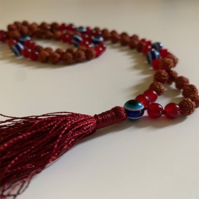 Turkish Eye Rudraksha Mala - Deep Red Chalcedony