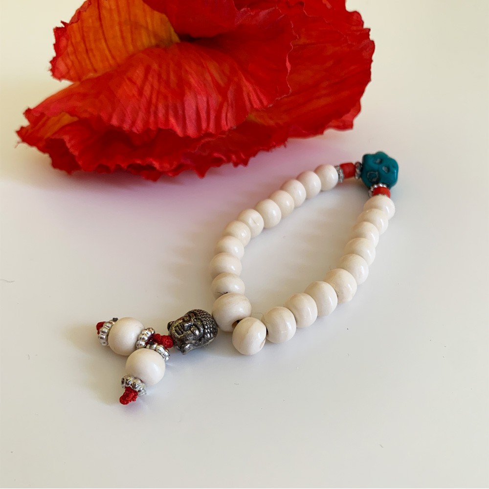 Tibetan Mala Bracelet with Turquoise Bead - White