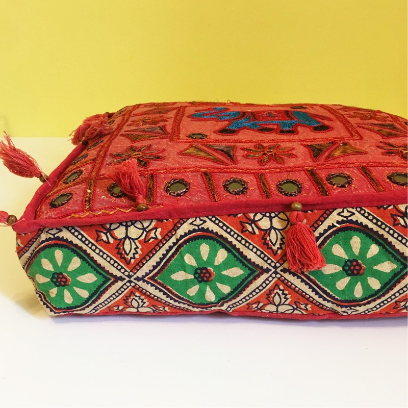 Elephant Embroidery Cushion - Red