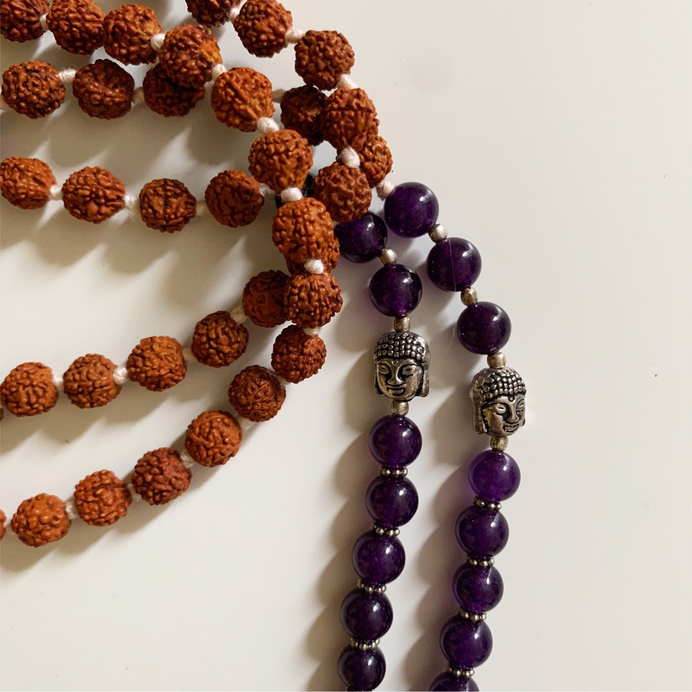 Rudraksha Buddha Mala with Stones - Amethyst