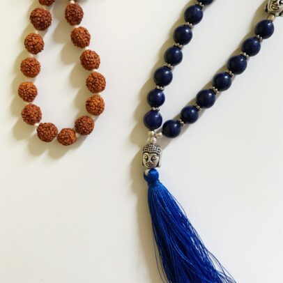 Rudraksha Buddha Mala with Stones - Lapis Lazuli