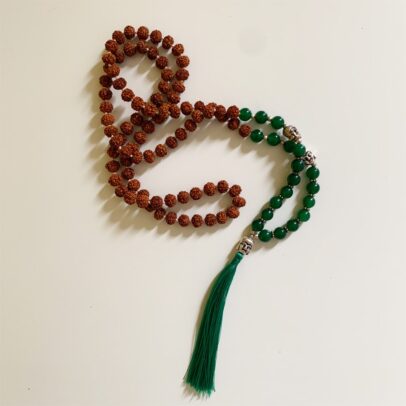 Rudraksha Buddha Mala with Stones -Green Agate