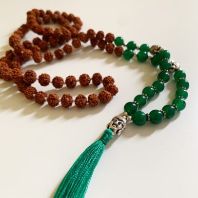 Rudraksha Buddha Mala with Stones -Green Agate