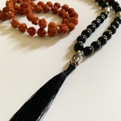 Rudraksha Buddha Mala with Stones - Jet
