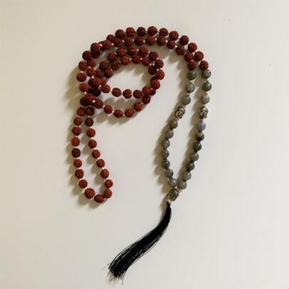 Rudraksha Buddha Mala with Stones - Labradorite