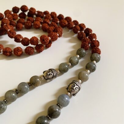 Rudraksha Buddha Mala with Stones - Labradorite
