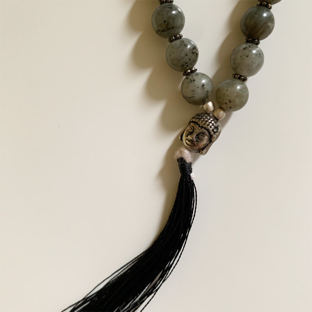 Rudraksha Buddha Mala with Stones - Labradorite