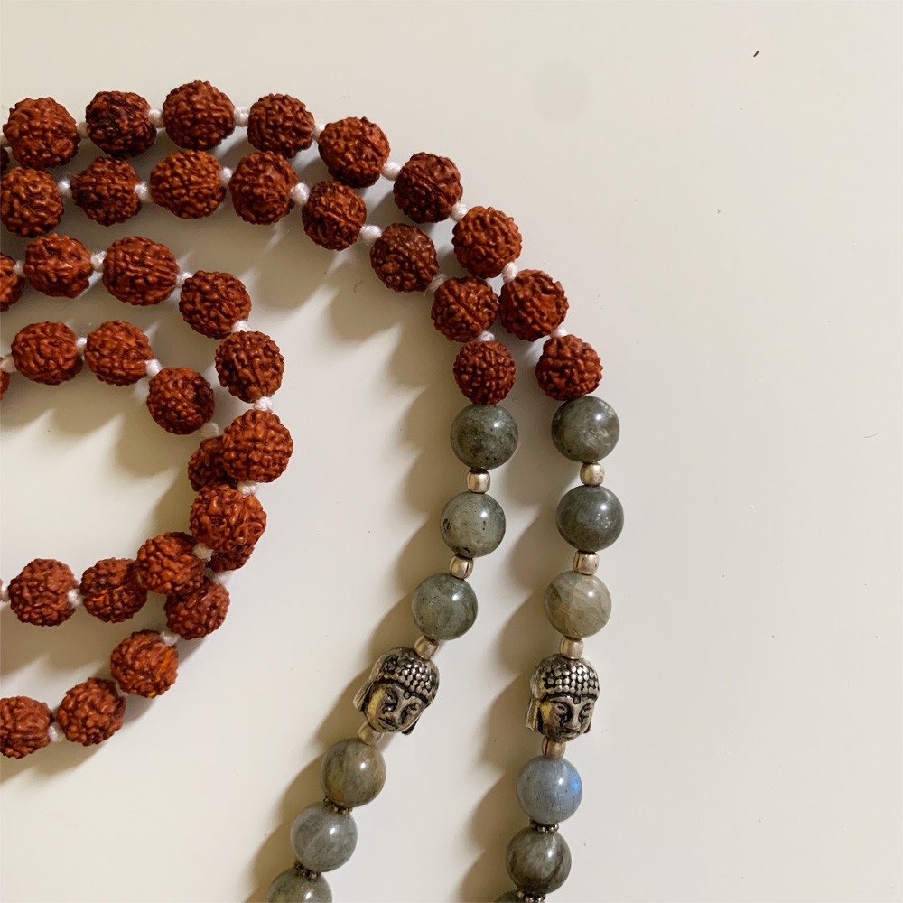 Rudraksha Buddha Mala with Stones - Labradorite