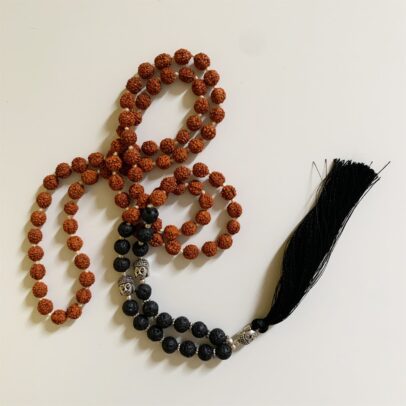 Rudraksha Buddha Mala with Stones - Lava Stone
