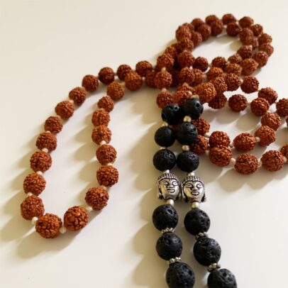 Rudraksha Buddha Mala with Stones - Lava Stone