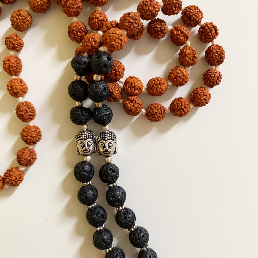 Rudraksha Buddha Mala with Stones - Lava Stone