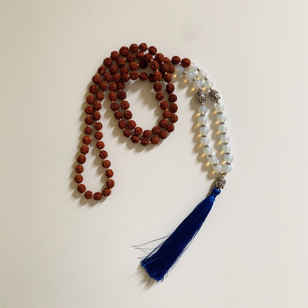 Rudraksha Buddha Mala with Stones - White Moonstone