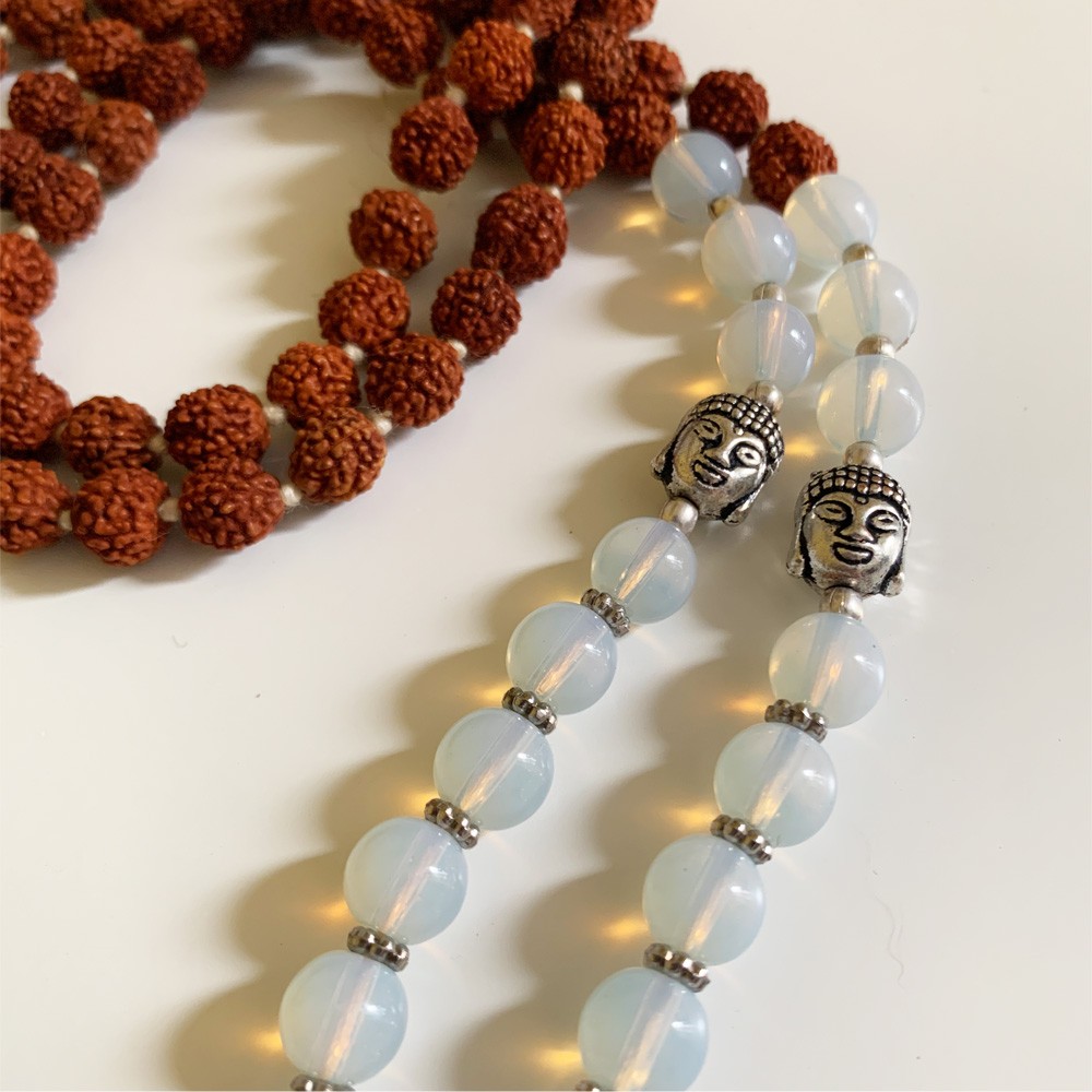 Rudraksha Buddha Mala with Stones - White Moonstone