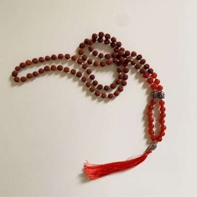 Rudraksha Buddha Mala with Stones - Orange Carnelian