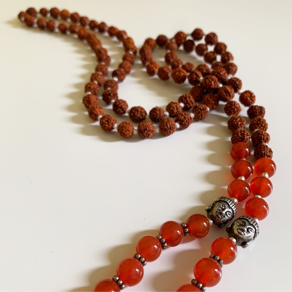 Rudraksha Buddha Mala with Stones - Orange Carnelian