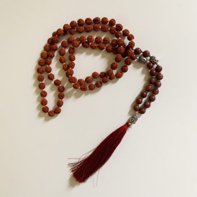 Rudraksha Buddha Mala with Stones - Red Jasper