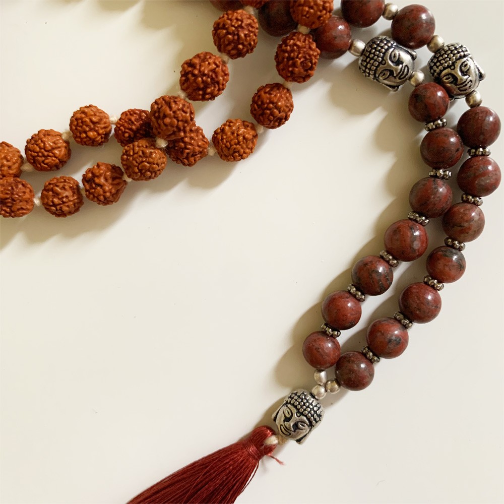 Rudraksha Buddha Mala with Stones - Red Jasper