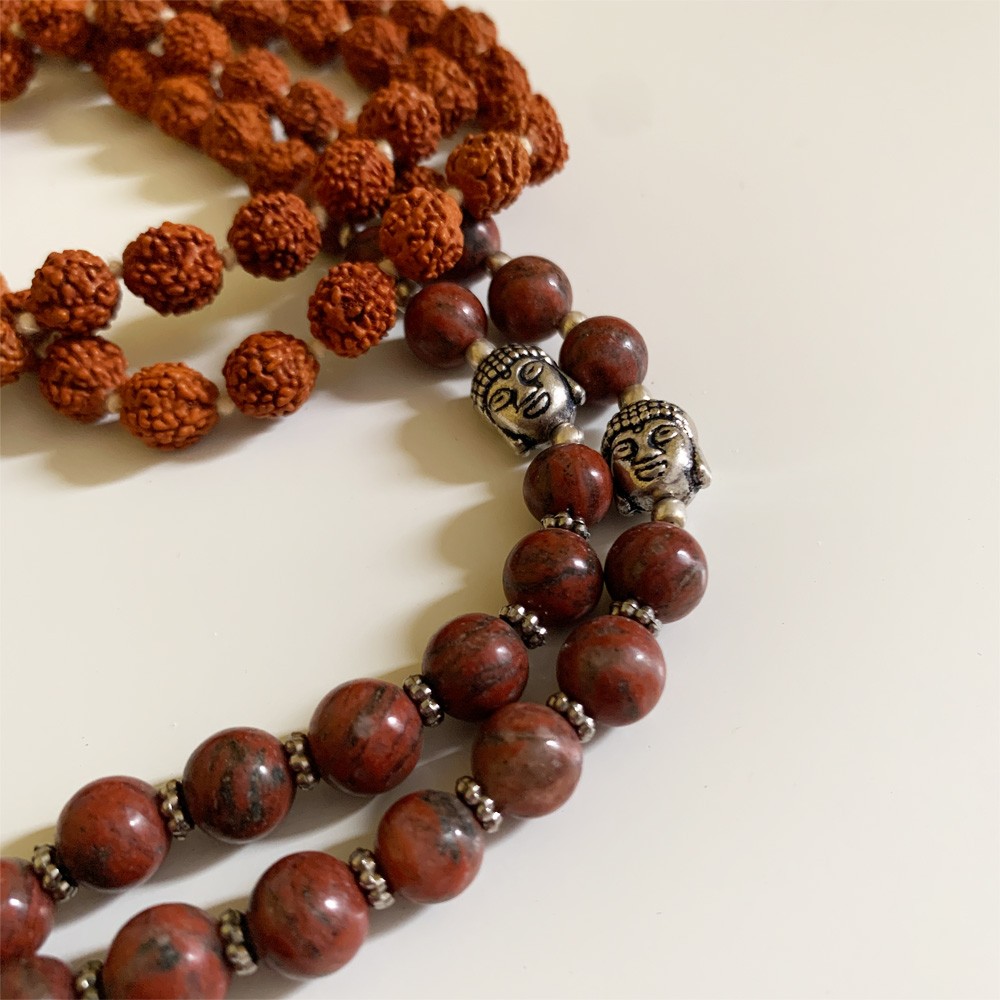 Rudraksha Buddha Mala with Stones - Red Jasper