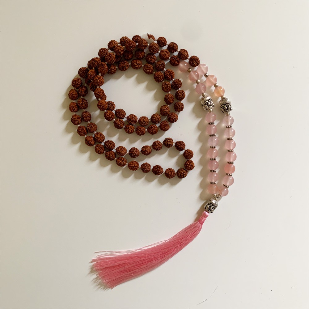 Rudraksha Buddha Mala with Stones - Rose Quartz