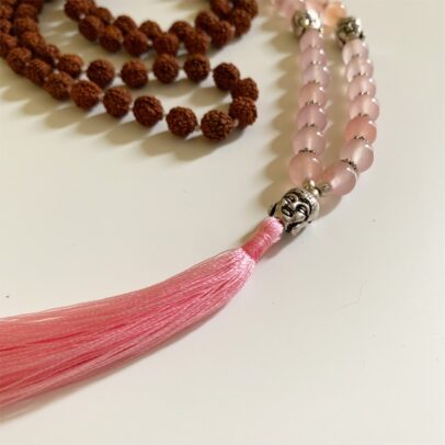 Rudraksha Buddha Mala with Stones - Rose Quartz