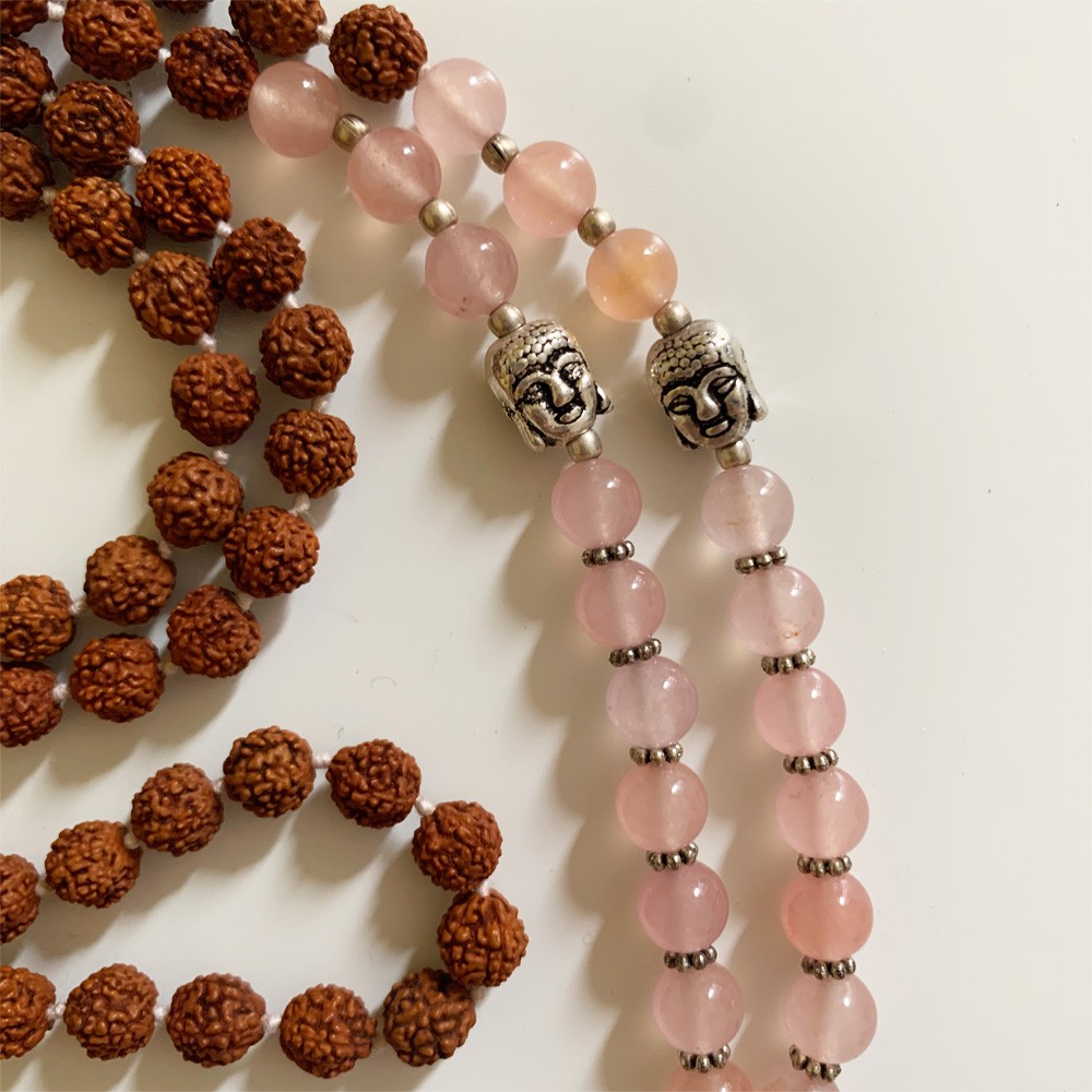Rudraksha Buddha Mala with Stones - Rose Quartz