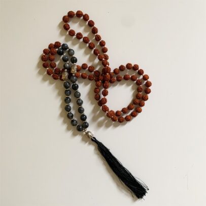 Rudraksha Buddha Mala with Stones - Snowflake Obsidian