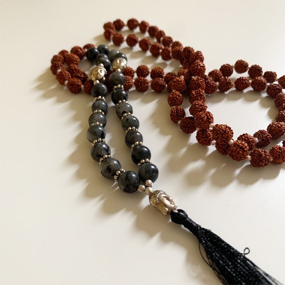 Rudraksha Buddha Mala with Stones - Snowflake Obsidian