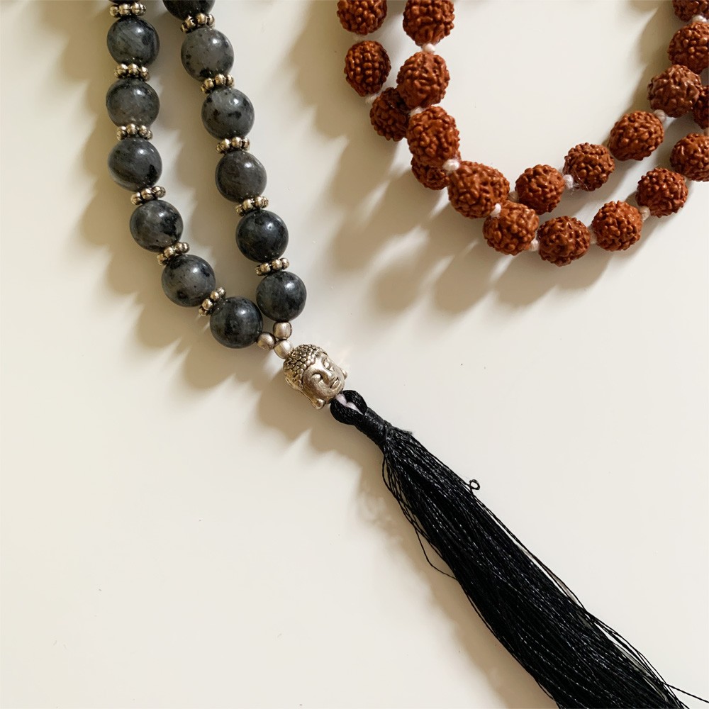 Rudraksha Buddha Mala with Stones - Snowflake Obsidian