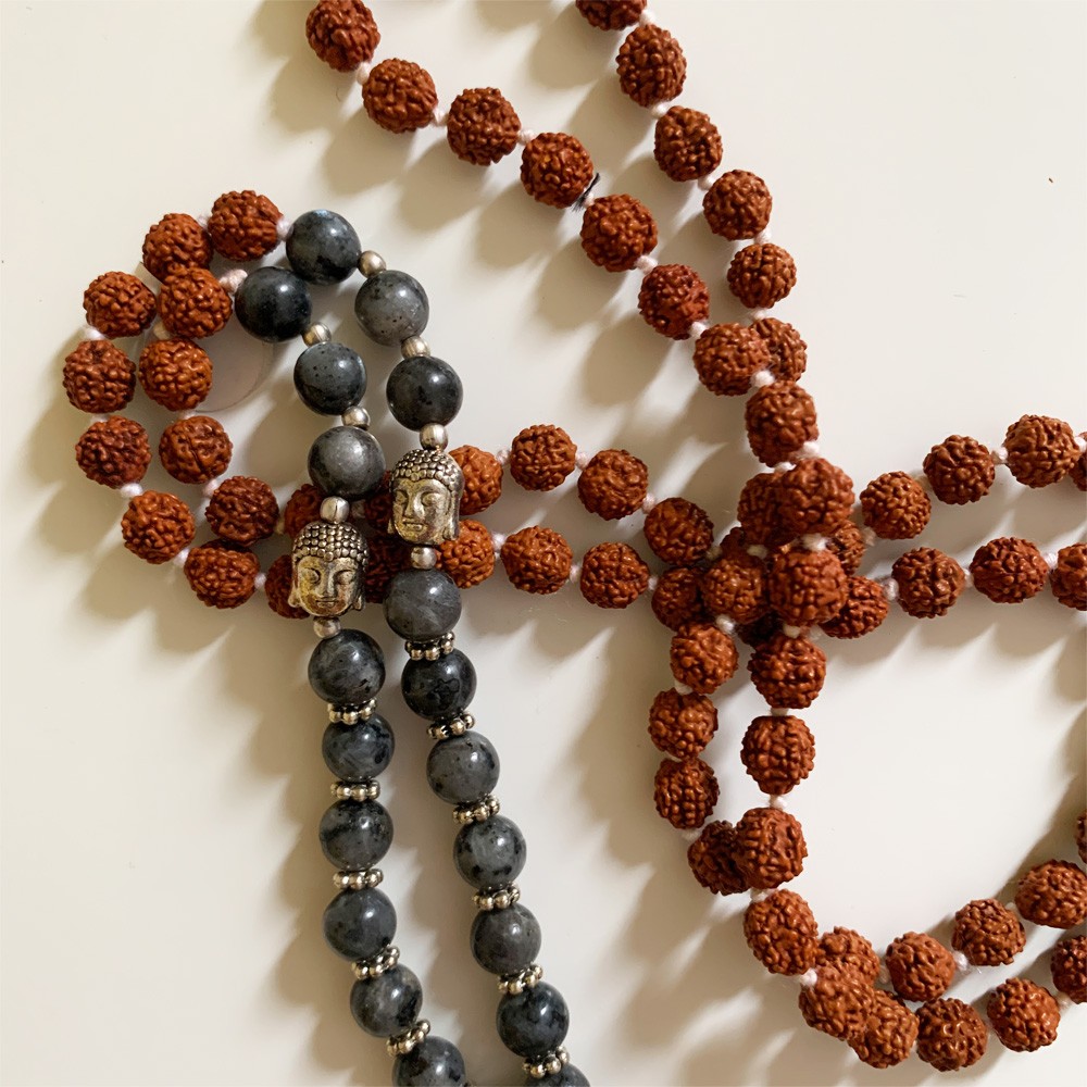 Rudraksha Buddha Mala with Stones - Snowflake Obsidian