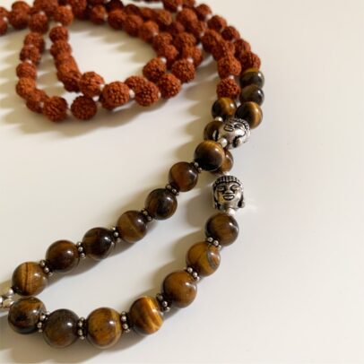 Rudraksha Buddha Mala with Stones - Tiger's Eye