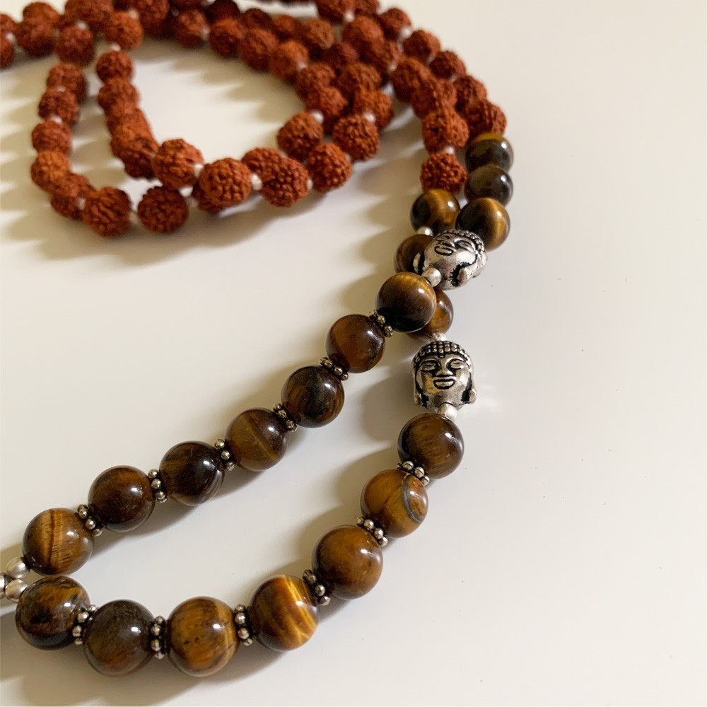 Rudraksha Buddha Mala with Stones - Tiger's Eye