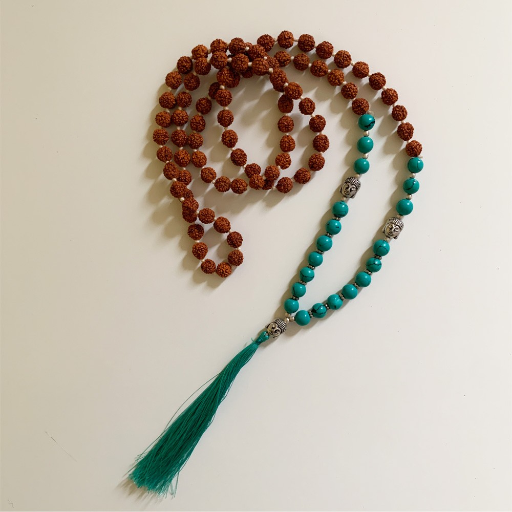 Rudraksha Buddha Mala with Stones - Turquoise
