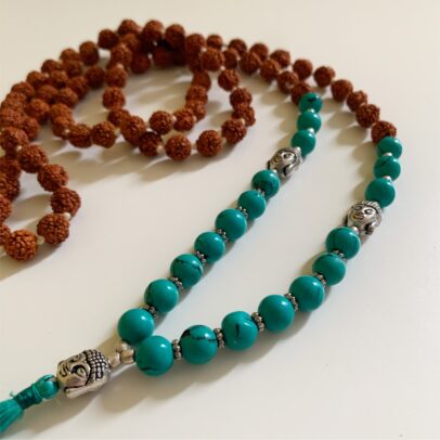 Rudraksha Buddha Mala with Stones - Turquoise
