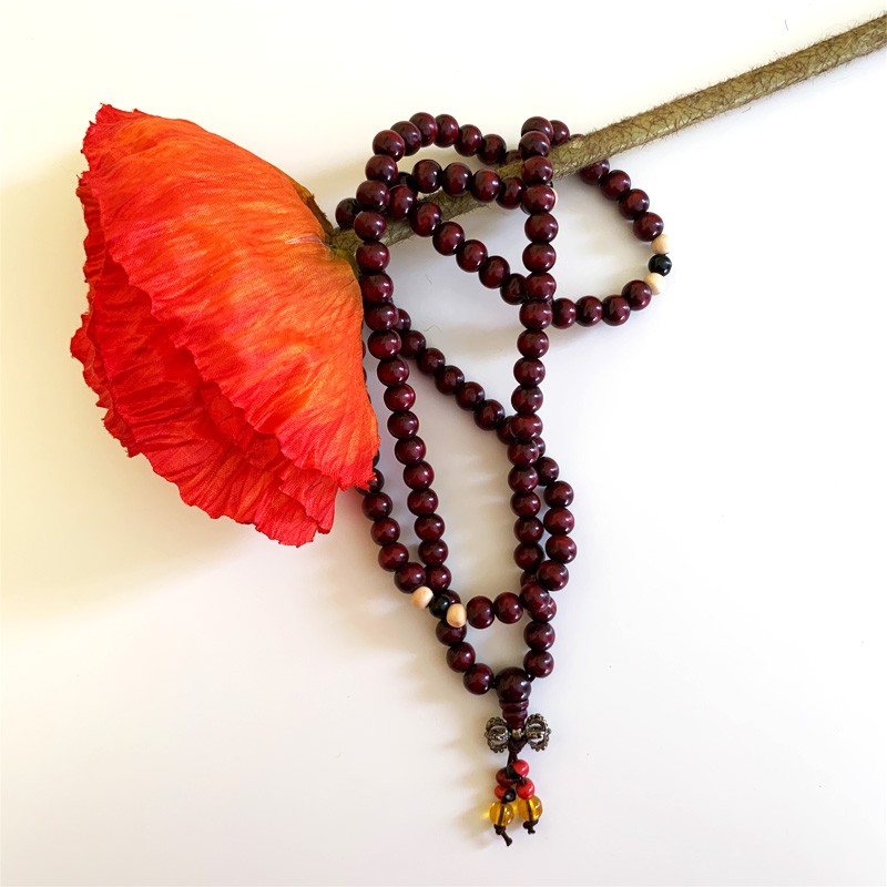Elastic Tibetan Mala - Burgundy Wood (medium)